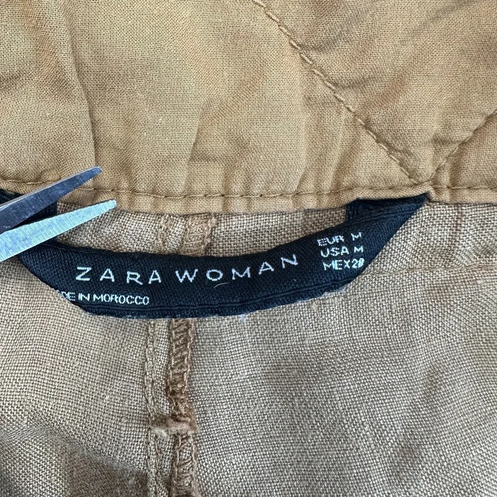 Zara Pants Womens Medium Tan Linen Straight Leg Summer High-Waisted Drawstring